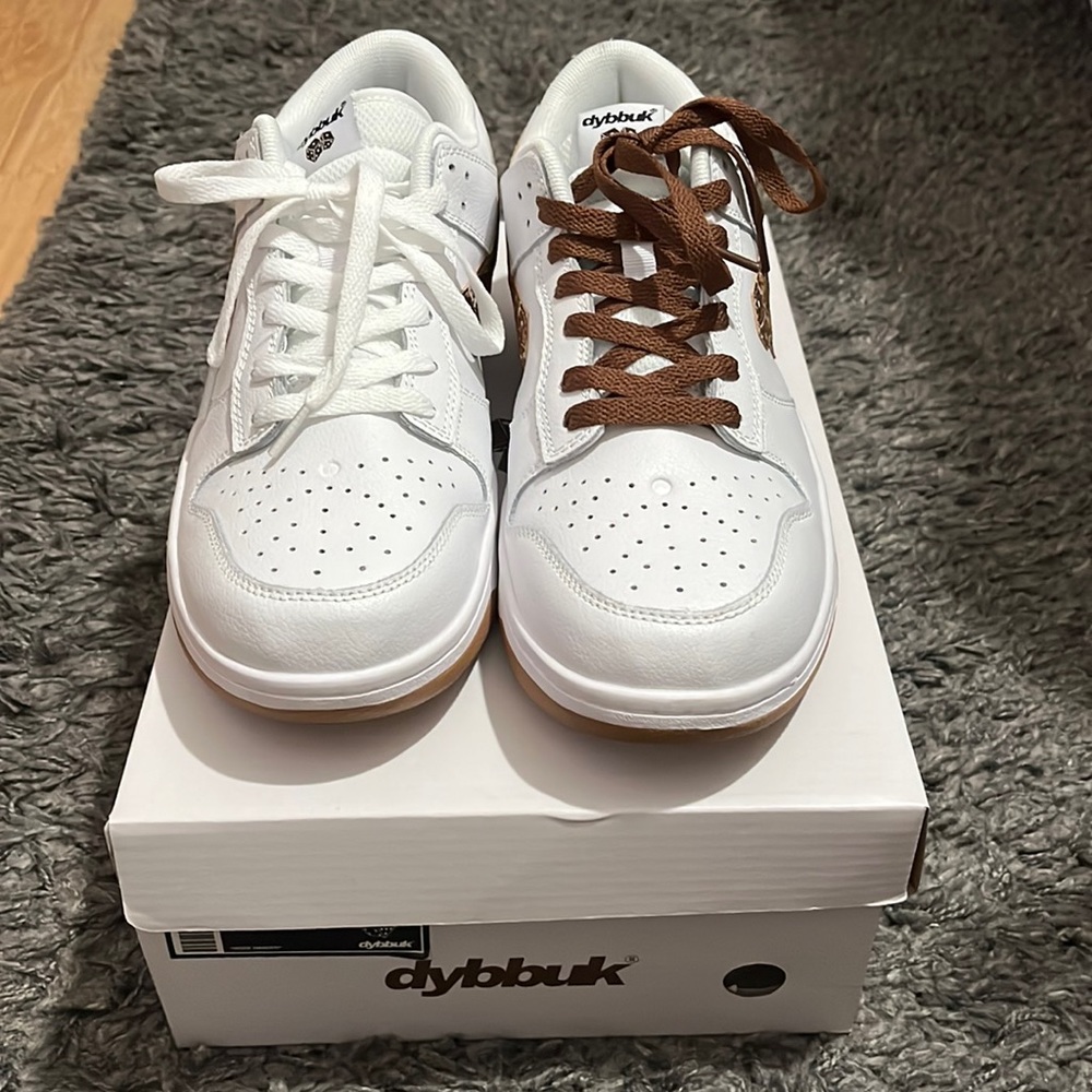 Dybbuk white leather sneakers with snakeskin dice. Size 11.